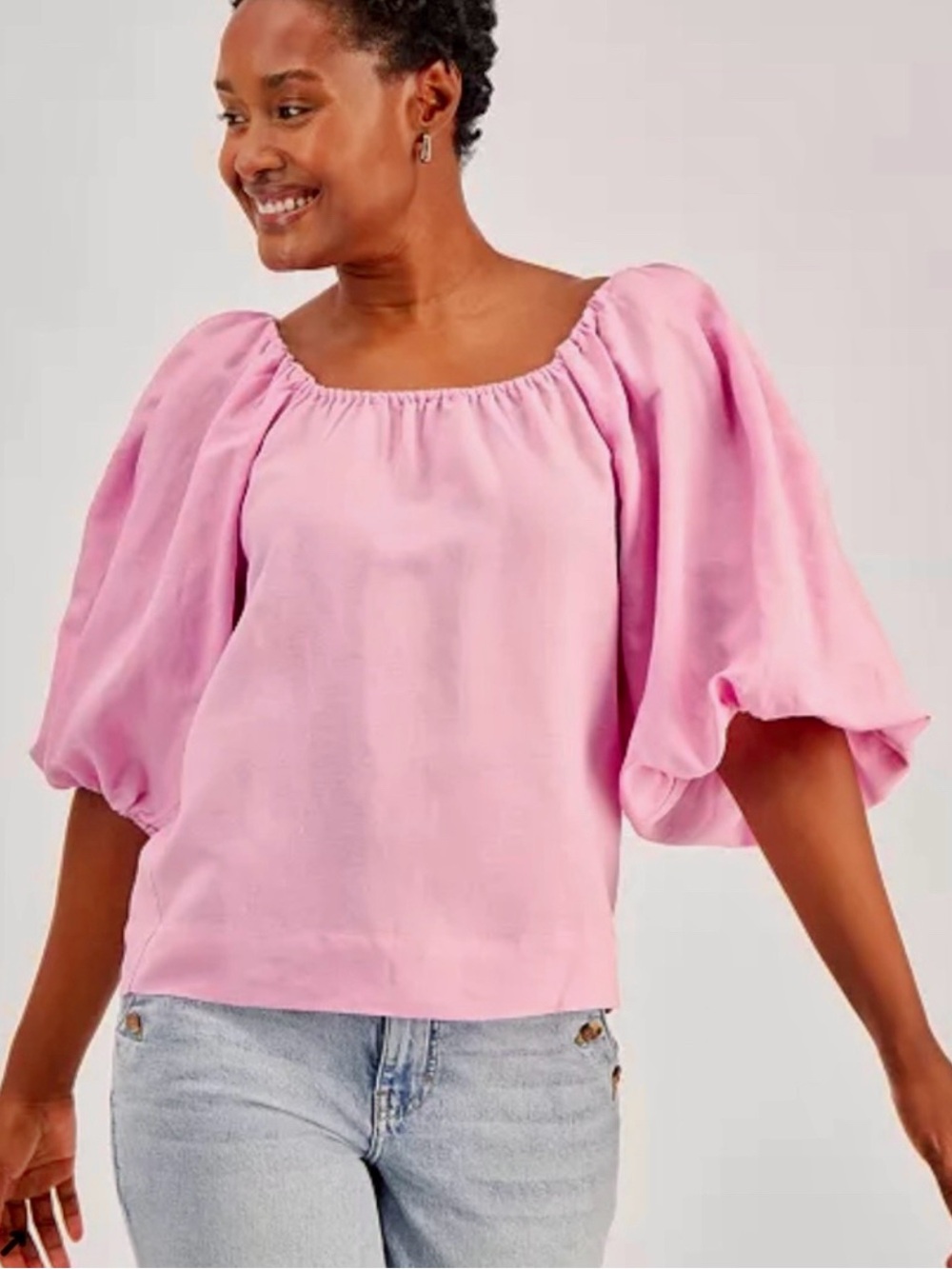 ON 34th Women's Pink Puff-Sleeve Square Neck Blouse